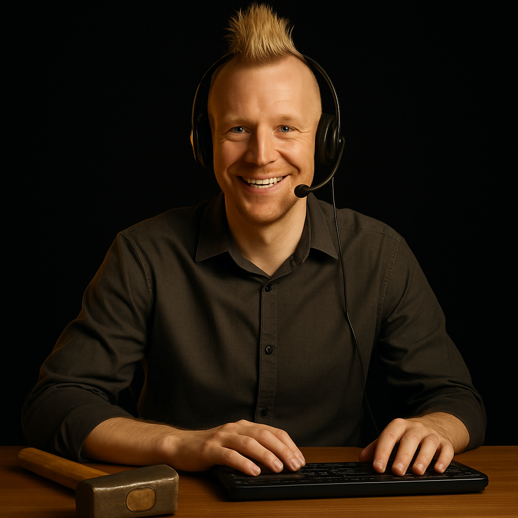Mann mit schwarzem Hemd, der ein Headset auf dem Kopf hat und an einem Schreibtisch sitzt